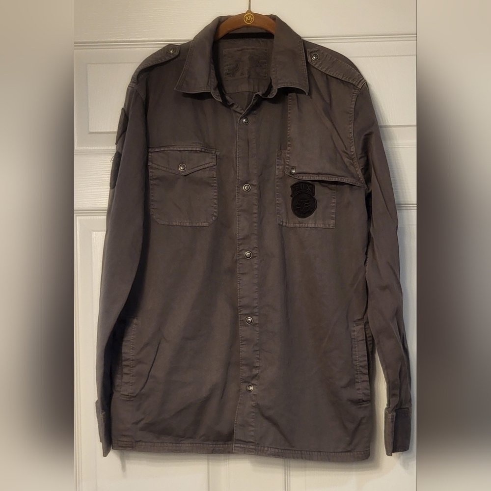Fox Racing "Created to Destroy" Gray Button Down Shirt With Patches Size Large